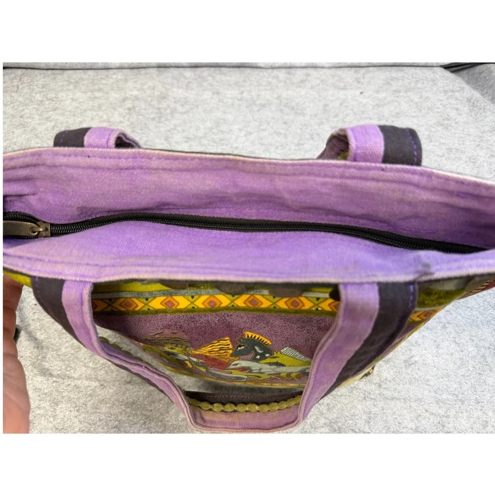 Laurel Burch Wild Horse Canvas Tote Bag Purple Green‎ Shoulder Bag Coins *READ*